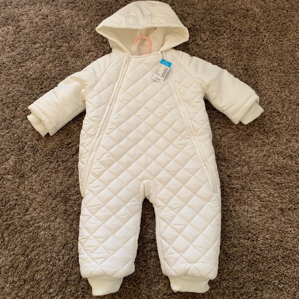 Children's Place White Snow Suit Bib with hood , Sz. 12-18m